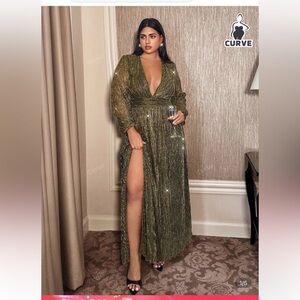 SHEIN Gold Maxi Dress with Deep V-Neck